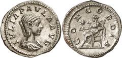 Roman Coins Roman Coins Estimate: CHF 300.00 Julia Paula, First Wife of Elagabalus. Denarius (Silver, 3.43 g 6), 219-220. IVLIA PAVLA AVG Draped bust of Julia Paula to right, her hair arranged in queu
