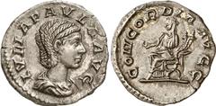 Roman Coins Roman Coins Estimate: CHF 450.00 Denarius (Silver, 2.64 g 6), Antioch, 219-220. IVLIA PAVLA AVG Draped bust of Julia Paula to right, her hair arranged in queues tied into a bun at the back