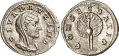 Roman Coins Roman Coins Estimate: CHF 700.00 Diva Paulina, Wife of Maximinus I. Denarius (Silver, 3.62 g 12), 236. DIVA PAVLINA Veiled and draped bust of Diva Paulina to right. Rev. CONSECRATIO Peacoc
