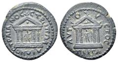 Roman Provincial Divus Trajan (Died 117). Mysia, Pergamum. Æ (19mm, 3.48g, 12h). Pollion, strategos. Tetrastyle temple, with pellet in pediment, enclosing facing statue of Trajan, holding spear. R/ Te