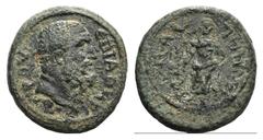 Lydia, Hypaepa, pseudo-autonomous issue, c. 177-192. Æ (17mm, 2.99g, 6h). Head of Herakles r. R/ Asclepius standing facing, leaning on serpent-entwined staff. SNG Copenhagen 186 var. (magistrate). Gre