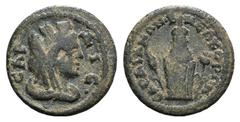 Lydia, Sardes, c. 3rd century AD. Æ (18mm, 2.74g, 6h). Turreted, veiled and draped bust of Tyche r. R/ Cult statue of Kore between grain ear and poppy. SNG Copenhagen 513; SNG von Aulock 3141. Green p