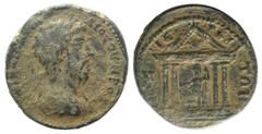 Lucius Verus (161-169). Lydia, Dioshieron. Æ (34mm, 26.65g, 6h). ?IOC OVHPO, Laureate, draped and cuirassed bust r. R/ ?IOC IE PEI T?N, Zeus seated l., holding patera and sceptre, within tetrastyle te