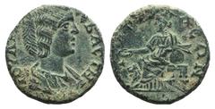 Iulia Domna (193-217). Lydia, Tabala. Æ (20mm, 3.92g, 6h). Draped bust r. R/ Cybele seated l., holding patera and resting on drum. SNG Copenhagen 567. Green patina, VF