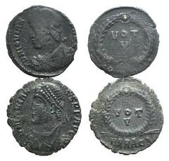 Jovian (363-364). Lot of 2 Æ coins (VOT V in wreath; Aquileia and Heraclea mints). LOT SOLD AS IS, NO RETURNS