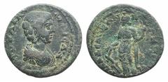 Julia Domna (Augusta, 193-217). Lydia, Cilbiani Inferior (?). Æ (22mm, 5.37g, 6h). Draped bust r. R/ Tyche standing l., holding rudder and cornucopia. Cf. BMC 12. Green patina, Good Fine