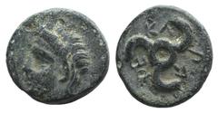 Dynasts of Lycia, Perikles (c. 380-360 BC). Æ (11mm, 1.68g). Horned head of Pan l. R/ Triskeles. Falghera 219-23; SNG von Aulock 4257-8. Green patina, VF – Good VF