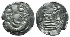 Indo-Sasanian, Rajputana. Imitating Peroz, c. 10th century. AR Drachm (23mm, 4.01g, 11h). Sasanian style bust r., wearing wide brimmed crown with wings. R/ Fire altar flanked by attendants. Göbl, Doku