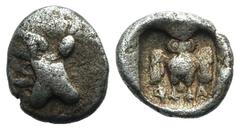 Asia Minor, Uncertain, c. 400-350 BC. AR Diobol(?) (10mm, 1.18g, 6h). Astragalos; M(?) below. R/ Owl standing facing with spread wings; ?-A flanking. Cf. Heipp-Tamer 80 (Phaselis in Lycia); cf. CNG 22