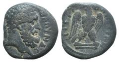 Lydia, Blaundus, c. 2nd century AD. Æ (17mm, 2.88g, 6h). Head of Herakles r. R/ Eagle standing facing, head l., on two animal bones. BMC 34-37; SNG Copenhagen 77. Green patina, near VF