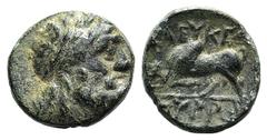 Lydia, Tralleis as Seleukeia, c. 3rd century BC. Æ (12mm, 2.09g, 11h). Pyrrhos, magistrate. Laureate head of Zeus r. R/ Bull butting l. Cf. SNG Copenhagen 695ff. Green patina, VF