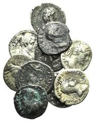 Lot of 10 Roman AR coins, including Domitian, Trajan, Hadrian, Antoninus Pius, Septimius Severus (2), Julia Domna, Geta (2) Denarii and Saloninus Antoninianus. LOT SOLD AS IS, NO RETURNS