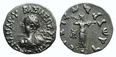 Oriental Greek Baktria, Indo-Greek Kingdom. Menander I (c. 155-130 BC). AR Drachm (16mm, 2.40g, 12h). Diademed bust l. seen from behind, wielding spear, aegis on shoulder. R/ Athena Alkidemos standing