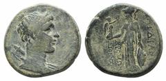 Greek Lydia, Sardeis, c. 1st century BC. Æ (24mm, 8.85g, 12h). Dromon and Dionysios, magistrates. Bust of Artemis r. R/ Athena standing l., holding Nike and spear. SNG Copenhagen 502 var. (magistrate)