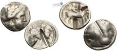 Celts | Kelten Pannonia and Balkan, Celts Tetradrachm (2 pcs). Imitation of Philippos II. Test cut. Pannonien und Balkan, Kelten Tetradrachme (2 Stk). Philipps II. Imitation Prüfhieb. Panonie a Balkán