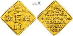 Ferdinand II, House of Habsburg. Gold token 1618 (1/2 ducat). Coronation of the Hungarian King in Pressburg. Kremnitz. Somewhat weakly struck. Slightly wavy from striking. Extremely rare! Ferdinand II