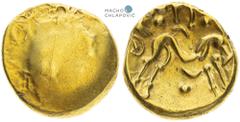 Gaul, Celts. Stater. Ambiani. Gallien, Kelten. Stater. Ambiani. Galie, Kelti. Statér. Ambiani. 6,27 g, 16-17 mm, Au, Flesche 219–220 var., Delestrée – Tache 237, about EF / EF