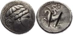 Dacia, Celts Tertadrachm, Imitation Phillipe II type, with Voluta behind head Unpublished. Dakien, Kelten Tetradrachme, Typ imitation Phillipe II., mit Voluta hinter das Haupt Unediert. Dacie, Kelti T