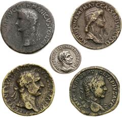 Roman Empire / Römische Kaiserzeit Convolutes, Roman Empire Sestertius, Denar (copy, 5 pcs) Old label included Old copies (19th century ?) Konvolute, Römische Kaiserzeit Sesterz, Denar (Kopie, 5 St.) 