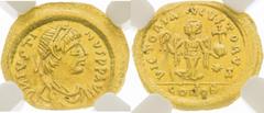 Byzantine Empire | Byzantinisches Reich Justinus I, Byzantine Empire Tremissis. Constantinople. Light traces of corrosion. Slightly wavy. NGC. Justinus I., Byzantinisches Reich Tremissis. Konstantinop