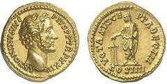 71-Antonin le Pieux (138-161) Aureus - Rome Av. : Tête nue d'Antonin le Pieux à droite. Rv. : Antonin le Pieux debout à gauche tenant une patère au-dessus d'un trépied. Très rare et d'une du qualité r