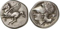 20-Corinthe - Corinthe Statère - (375-300) - Av. : Pégase volant à gauche, au-dessous un monogramme - Rv. : Tête casquée d'Athéna à gauche, une feuille derrière lanuque, Α−Ρ sous la tête - 8.56g - SNG