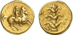 32-Cyrénaïque Drachme d’or - Cyrène (323-313) - Magistrat Cairios - Av. : Cavalier à droite, au-dessus ΧΑΙΡΙΟΣ - Rv. : Silphium, dans le champ Κ−−Υ/Ρ−−Α - Très rare - 4.29g - Pozzi 3275 - Naville 106 