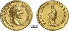 53-Antonin le Pieux (138-161) Aureus - Rome (155-156) Av. : Tête laurée avec égide d’Antonin le Pieux à droite. Rv. : Antonin le Pieux voilé debout à gauche tenant une patère au dessus d’un trépied al