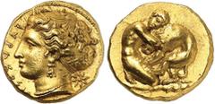 MONNAIES GAULOISES ET GRECQUES Sicile - Syracuse Denys Ier (405-367) 100 litrae ou décadrachme d'or (405-400). Magnifiquement centré - Style d'une grande finesse. Probablement le plus bel exemplaire c