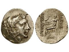 Tetradracma. 336-323 a.C. ALEJANDRO MAGNO. ODESSUS. Anv.: Cabeza de Hércules con piel de león a derecha. Rev.: Zeus entronizado a izquierda, alrededor leyenda. 16,30 grs. AR. Acuñada en época de Mithr