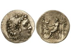 Tetradracma. 336-323 a.C. ALEJANDRO MAGNO. MESEMBRIA. Anv.: Cabeza de Hércules con piel de león a derecha. Rev.: Zeus entronizado a izquierda, detrás y delante leyenda. 16,60 grs. AR. Müller-No cat. M
