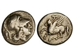 Estátera. 344-317 a.C. SIRACUSA. Anv.: Cabeza de Atenea con casco corintio a derecha. Rev.: Pegaso a izquierda encima triskeles. 8,30 grs. AR. Se-975 var. MBC.