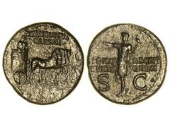 Dupondio. Acuñada el 37-41 d.C. GERMÁNICO. Anv.: GERMANINCVS CAESAR. Germánico, en cuadriga a derecha. Rev.: SIGNIS RECEPT. DEVICTIS. GERM. S. C. Germánico en pie a izquierda, portando cetro. Pátina o