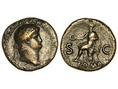 Dupondio. Acuñada el 54-55 d.C. NERÓN. Anv.: (NERO) CLAVD. CAESAR AVG. GER. P. M. TR. P. (IMP. P. P.). Cabeza radiada a derecha. Rev.: ROMA S. C. Roma sentada a izquierda. C-280. MBC-.