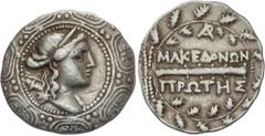 GREEK COINS GREEK COINS Ancient Greece Tetradracma. 158-149 a.C. AMPHIPOLIS. MACEDONIA. Anv.: Escudo Macedonio, en el centro busto de Artemis a derecha, con arco y carcaj. Rev.: Clava a derecha, encim