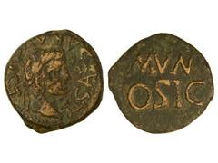 Semis. ÉPOCA DE TIBERIO. OSICERDA. Anv.: TI. CAESAR AVGVST. Cabeza laureada de Tiberio a derecha. Rev.: MVN. OSIC. RARA. AB-1960. MBC-/MBC.