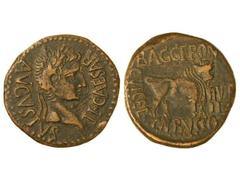 As. ÉPOCA DE TIBERIO. CELSE. Anv.: TI. CAESAR AVGVSTVS. Cabeza laureada de Tiberio a derecha. Rev.: BACC. FRONT. CN. BVCCO II VIR. II C. V. I. CEL. Toro a derecha. 11,80 grs. (Rayitas en anverso). AB-