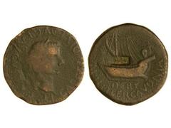 As. ÉPOCA DE TIBERIO. ILERCAVONIA. Anv.: TI. CAESAR DIVI. AVG. AVGVSTVS. Cabeza laureada de Tiberio a derecha. Rev.: DERT. M. H. I. ILERCAVONIA. Nave. 7,20 grs. Resello en reverso. AB-1493. BC/MBC-.