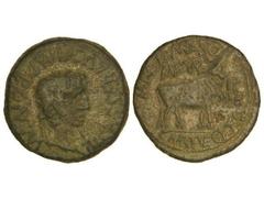 As. ÉPOCA DE TIBERIO. TURIASO. Anv.: TI. CAESAR AVG. F. IMP. PONT. M. Cabeza laureada de Tiberio a derecha. Rev.: Toro a derecha, alrededor leyenda M. PONT. MARS. Q. C. MARI. VEGETO MVN. TVR. II VIR. 