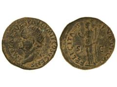 Dupondio. Acuñada el 74 d.C. VESPASIANO. Anv.: IMP. CAES. VESP. AVG. P. M. TR. P. COS. V CENS. Busto radiado a izquierda. Rev.: FELICITAS PVBLICA S. C. Felicidad con caduceo y cornucopia a izquierda. 
