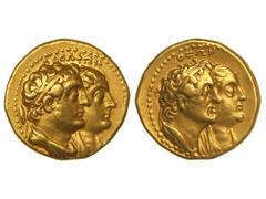 Tetradracma. 246-221 a.C. PTOLOMEO III. EGIPTO. Anv.: Bustos a derecha de Ptolomeo II y Arsinoe II, detrás escudo. Rev.: Bustos a derecha de Ptolomeo I y Berenice I. 13,81 grs. AU. (Pequeño grafiti tr