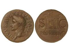 Dupondio. Acuñada el 22 d.C. AUGUSTO. (Restitución de Tiberio). Anv.: DIVVS AVGVSTVS PATER. Cabeza radiada a izquierda. Rev.: PROVIDENT S. C. Altar. Pátina marrón. C-228. MBC+.