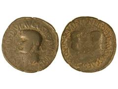 As. ÉPOCA DE TIBERIO. CARTAGONOVA. Anv.: Cabeza desnuda de Tiberio a izquierda, alrededor TI. CAESAR DIVI. AVGVSTI. F. AVGVSTVS P. M. R. Rev.: Cabezas enfrentadas de Nero y Druso, alrededor NERO ET DR