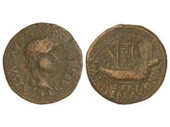 As. ÉPOCA DE TIBERIO. ILERCAVONIA. Anv.: TI. CAESAR DIVI. AVG. AVGVSTVS. Cabeza laureada de Tiberio a derecha. Rev.: DERT. M. H. I. ILERCAVONIA. Nave. 7,40 grs. Resello en reverso. (Oxidaciones). AB-1