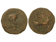 As. ÉPOCA DE TIBERIO. ILERCAVONIA. Anv.: TI. CAESAR DIVI AVG. AVGVSTVS. Cabeza laureada de Tiberio a derecha. Rev.: DERT. M. H. I. ILERCAVONIA. Nave. 6,90 grs. Resello en reverso. AB-1493. BC+/MBC.