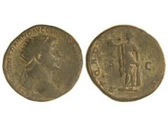 Dupondio. 98-117 d.C. TRAJANO. Anv.: (IMP. CAES.) NERVAE TRAIANO AVG. GER. DAC. P. M. TR. P. COS. V. P. P. Busto radiado a derecha. Rev.: S. P. Q. R. OP(TIMO PRINCIPI) S. C. Paz a izquierda. MBC-.