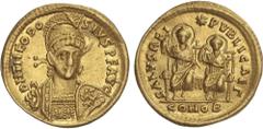 ROMAN COINS: ROMAN EMPIRE Roman Coins Sólido. 402-450 d.C. TEODOSIO II. CONSTANTINOPLA. Anv.: D. N. THEODOSIVS P. F. AVG. Busto de frente con casco, lanza y escudo. Rev.: SALVS REI *PVBLICAE [[g2]].Te
