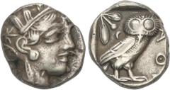 GREEK COINS Ancient Greece Tetradracma. 454-404 a.C. ATENAS. ATICA. Anv.: Cabeza de Atenea con yelmo a derecha. Rev.: Lechuza en pie a derecha, detrás creciente y rama de olivo, todo dentro de cuadrad