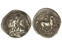 Tetradracma. 359-336 a.C. FILIPO II. MACEDONIA. Anv.: Cabeza laureada de Zeus a derecha. Rev.: Jinete con palma a derecha, alrededor leyenda y símbolos. 14,10 grs. AR. Müller-220. EBC-.