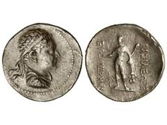 Tetradracma. 190-171 a.C. EUTHYDEMOS II. BACTRIA E INDOGRECIA. Anv.: Cabeza diademada a derecha. Rev.: Hércules en pie de frente a izquierda y derecha leyenda. 14,90 grs. AR. (Limpiada). Se-7536. MBC.